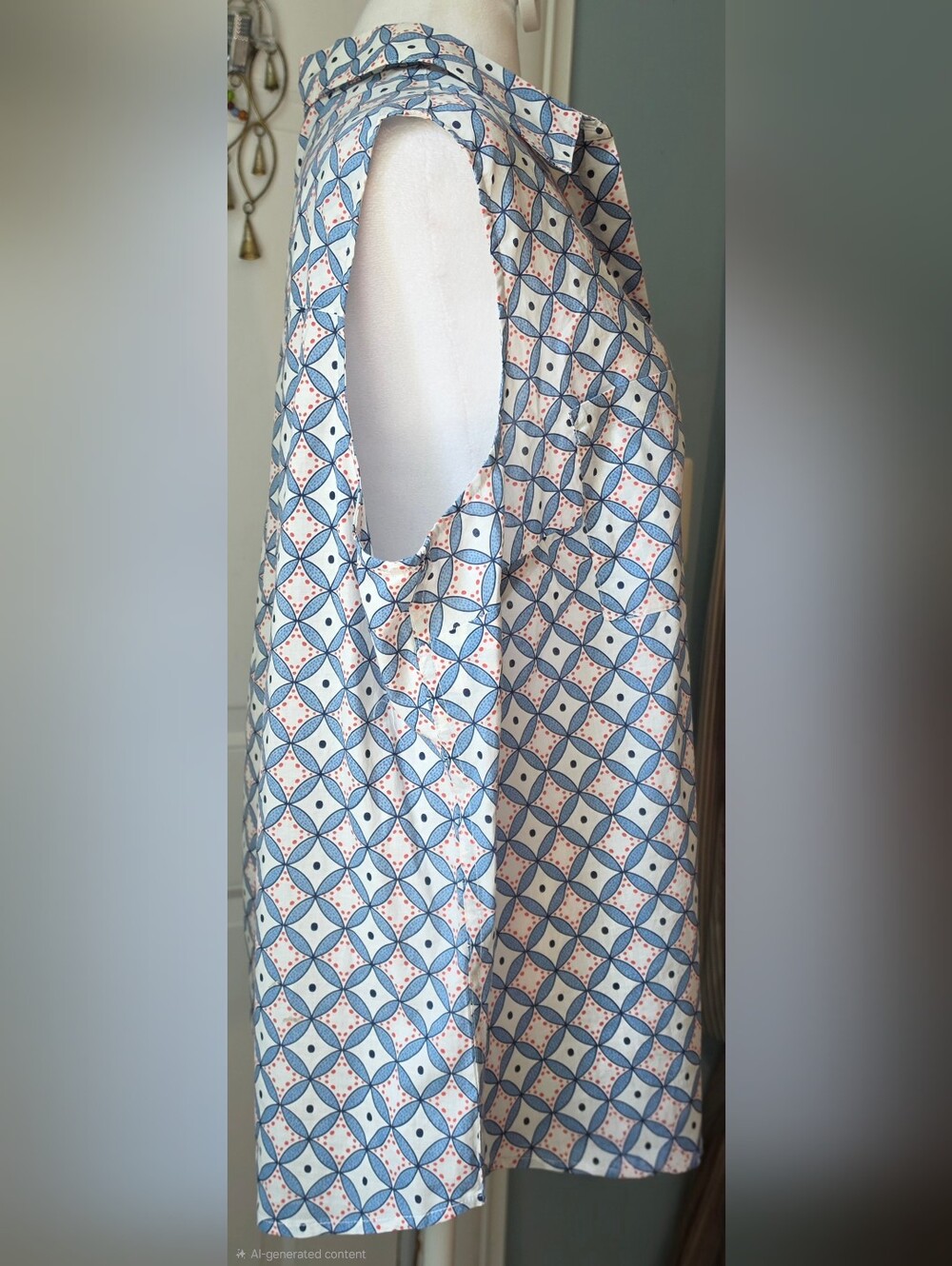 Boden Sleeveless Button Down Blouse Womens 18 Blue & Cream Geometric 100% Cotton - Picture 5 of 11